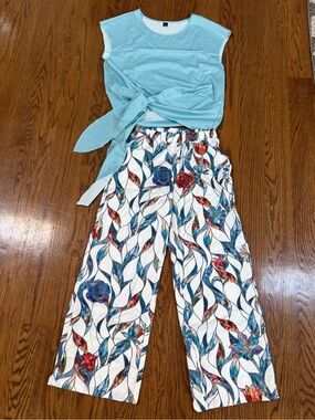 SHEIN Light Blue Tie-Waist Top with White Floral Wide-Leg Pants